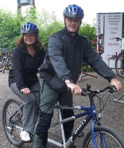 Cathy and Bernard on a tandem Picture of Bernard and Cathy on a tandem. Bernard is on the front!