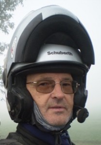 Picture of Bernard with helmet on on the road to Nepal.