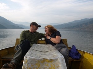 Picture of Bernard and Cathy as the Christmas diary was being filmed on the lake at Pokhara.