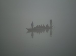Picture of the boat coming to get us in the early morning mist.