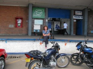 Picture of CAthy on the loading bay as we sat waiting for over two hours for the police to arrive for the inspection of Bertha.