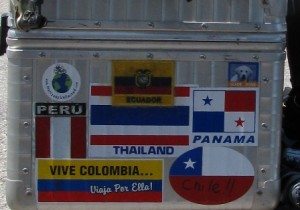 Picture of Bertha's back box - right hand side - showing some of the country stickers she has passed through.