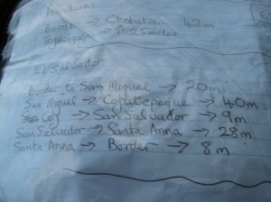 Picture of the piece of paper with place names and distances hand-written from what we could gleam from locals. This was the only 'map' we had for many of the countries.