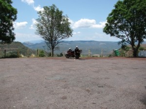 Picture of CAthy and Bertha in the distance at a stop in the mountains of Mexico.